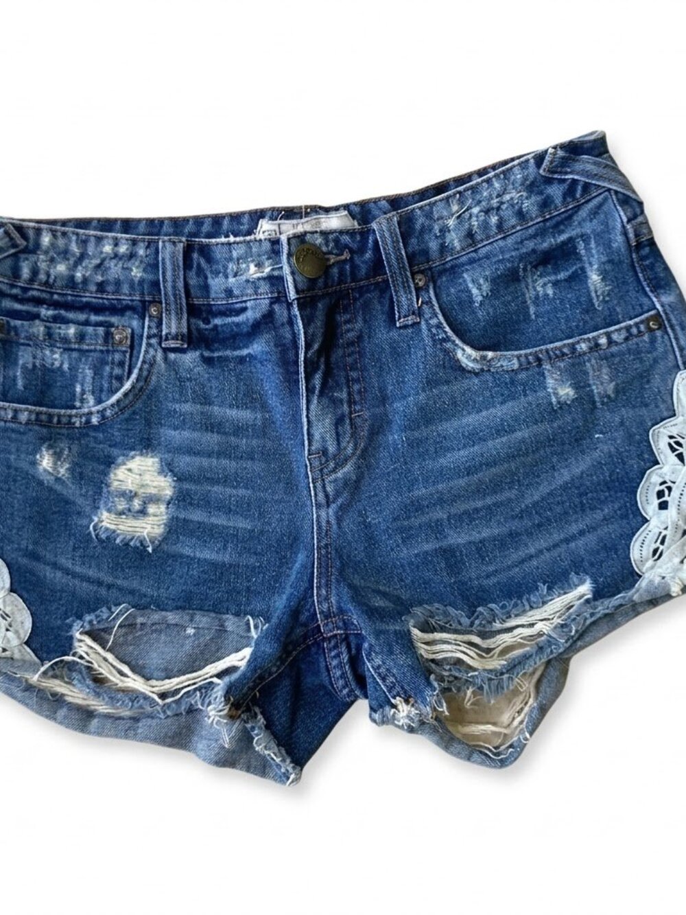 Free People Distressed Blue Denim Shorts with Lace Accents